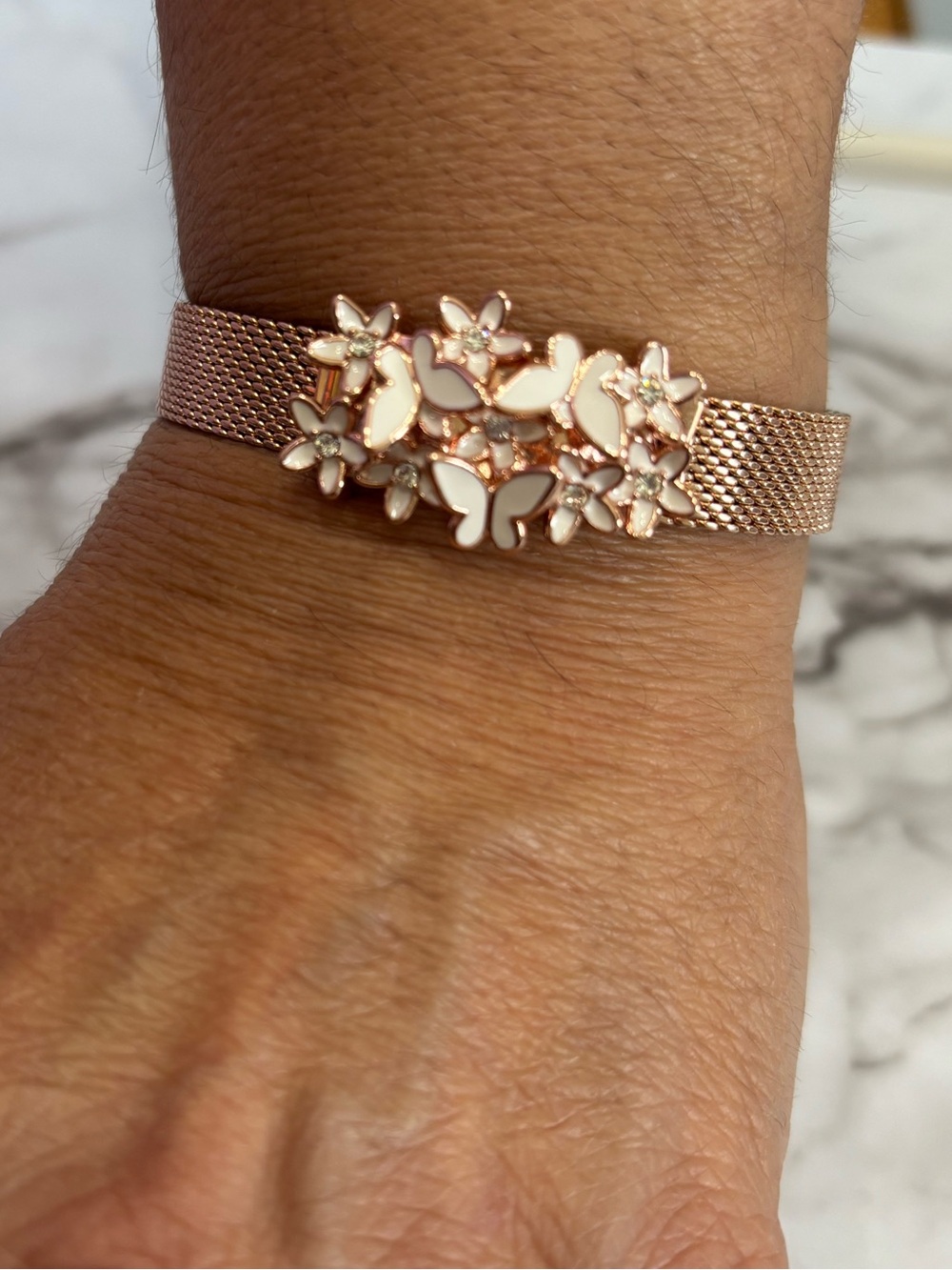 KEEP Collective Rose Gold Mesh Bracelet with White Enamel Butterflies
